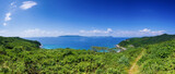 Beautiful summer landscape with Furugelm island. Panoramic shot. The reserved island of Furugelm in the Far Eastern Marine Reserve. Beautiful summer island.