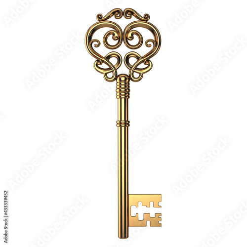Golden key on a white background. 3D illustration.