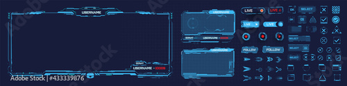 Digital frame technology UI,UX Futuristic HUD, FUI, Virtual Interface. A design template for a set of frames , buttons, and overlay cursors for game streaming. Futuristic info boxes layout templates.