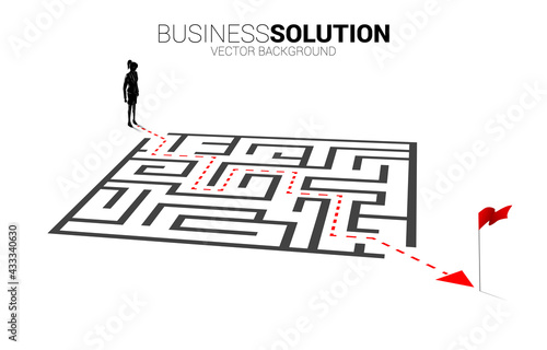 Silhouette of businesswoman with route path to exit the maze. Business concept for problem solving and finding idea.