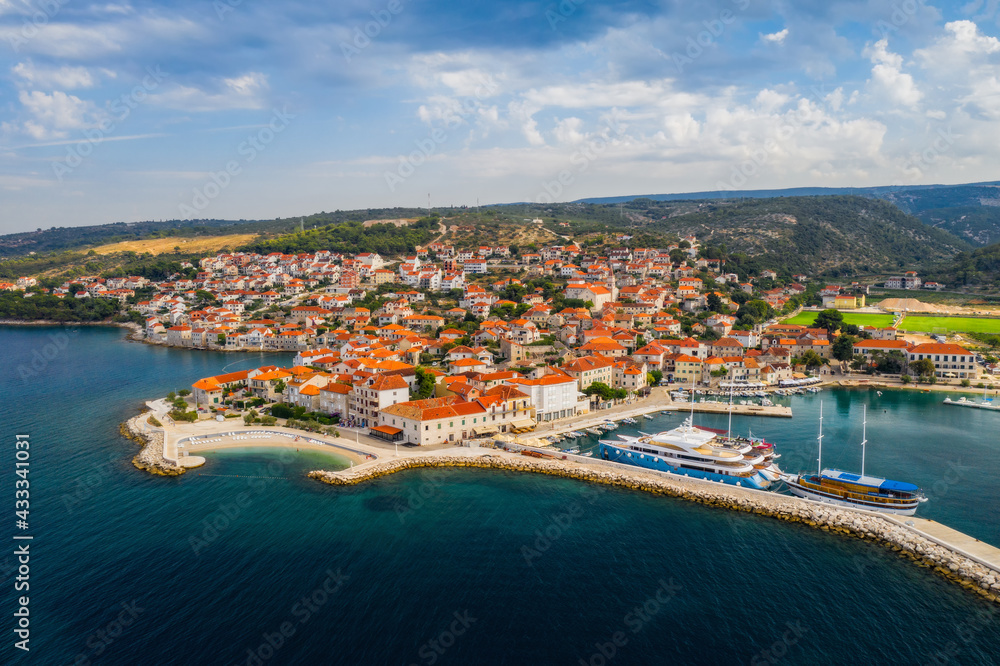 Aerial panoramic drone view on village Postira on Brac island, Croatia.  August 2020 Photos | Adobe Stock