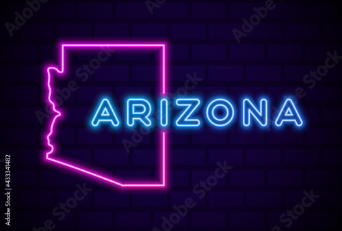 arizona US state glowing neon lamp sign Realistic vector illustration Blue brick wall glow