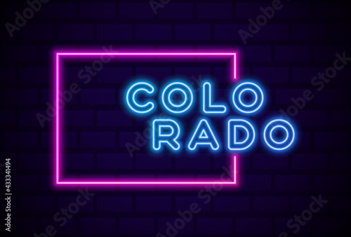 colorado US state glowing neon lamp sign Realistic vector illustration Blue brick wall glow