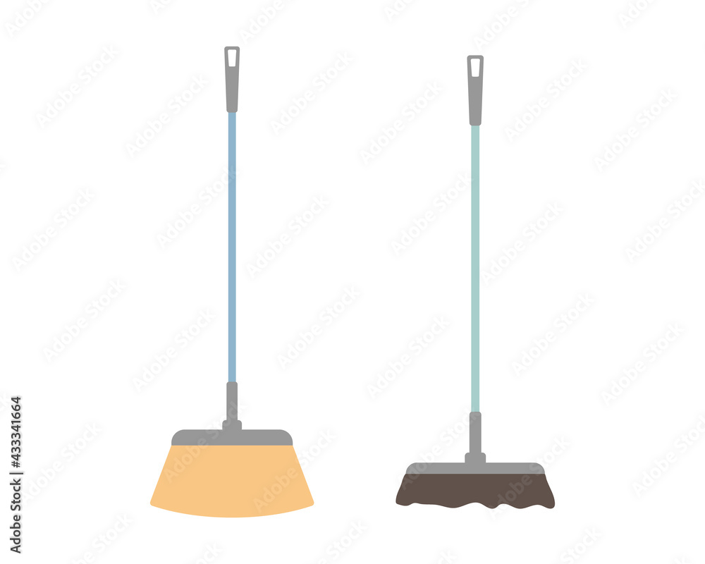 Two kinds of floor broom. Set cleaning brush, mop. Sweep the floor, road, inside and outside. Cleaning equipment. Stock vector illustration isolated on white background. Cleaning service concept. Two kinds of floor broom. Set cleaning brush, mop. Sweep the floor, road, inside and outside. Cleaning equipment. Stock vector illustration isolated on white background. Cleaning service concept.