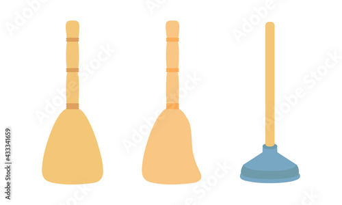 Flat brooms and plunger for cleaning. Simple straw broom for cleaning dust and dirt. Plunger for sewage system. Manual cleaning equipment. Stock vector illustration isolated on white background.
