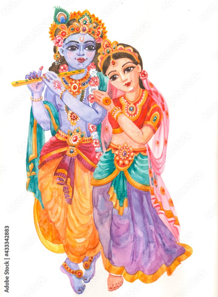 God Krishna and girl Radha are young and beautiful lovers. Watercolor illustration on white background for Krishna Janmashtami festival.