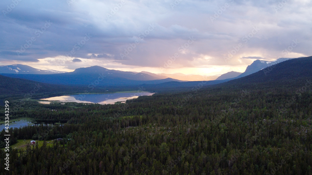 Drone view of the forests and mountains of Kvikkjokk, Swedish Lapland.
