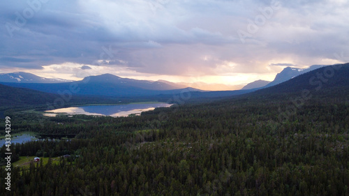Drone view of the forests and mountains of Kvikkjokk, Swedish Lapland.