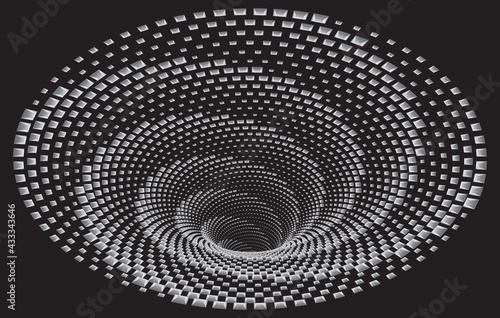 Tunnel or wormhole. Optical illusion. Digital wireframe tunnel. Background abstract vector image