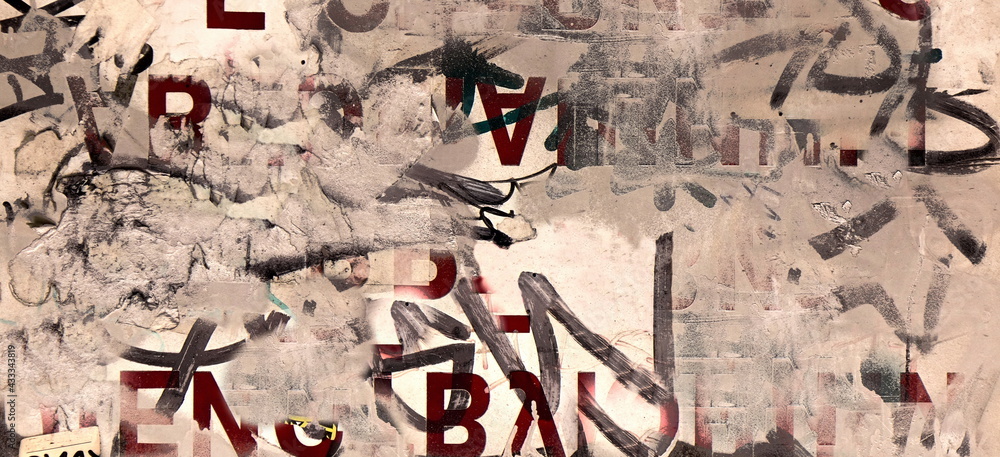 Fototapeta premium Vintage Billboard with Torn Poster, Paper, Ads, Stickers Wide Background Or Texture. Urban Creative Wallpaper for Design. Abstract Web Banner. Panoramic Backdrop and Creative Surface.