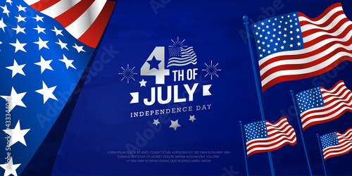 4th of July celebration USA independence day design with star, fireworks and USA national flag on blue, USA, united states of American waving flag banner background. photo