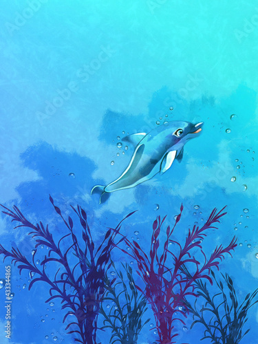 Fototapeta Naklejka Na Ścianę i Meble -  A cute dolphin swims underwater. Animals and nature. Artistic work