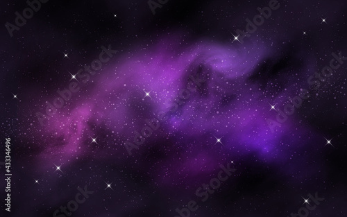 Space background. Colorful nebula clouds and stars. Realistic galaxy with stardust. Starry milky way. Abstract cosmic wallpaper. Vector illustration