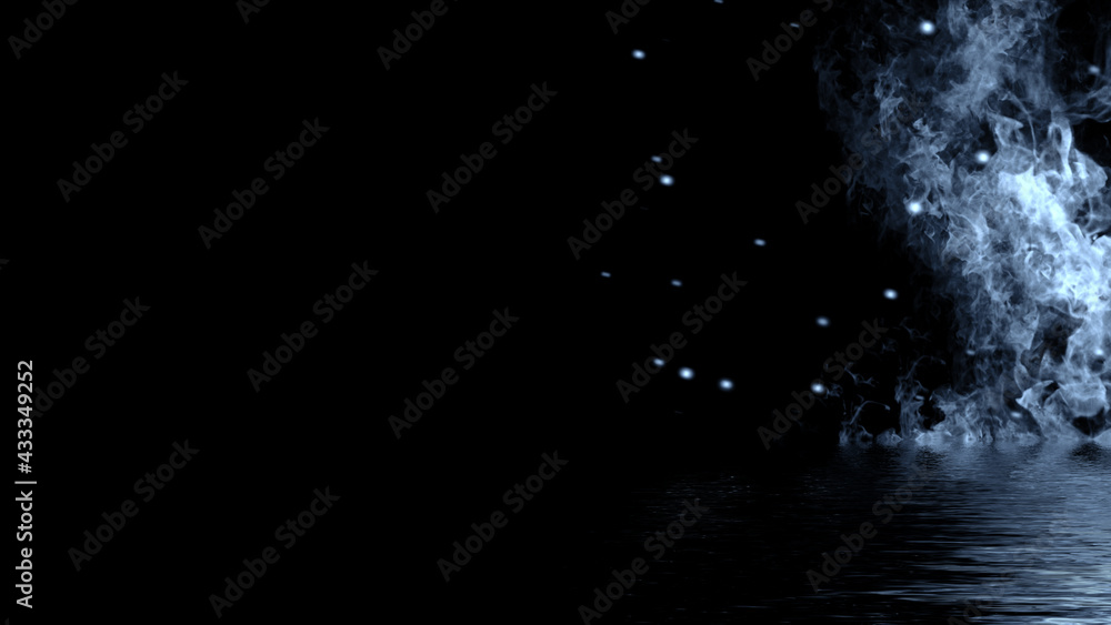 Obraz premium Blue fire on isolated background. Perfect explosion effect for decoration and covering on black background. Concept burn flame and light texture overlays. Reflection in water.
