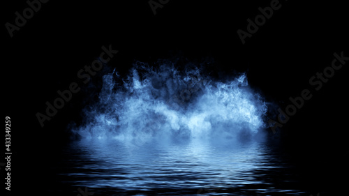 Blue fire on isolated background. Perfect explosion effect for decoration and covering on black background. Concept burn flame and light texture overlays. Reflection in water.