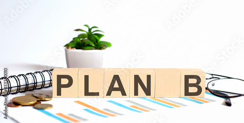 wooden cube with the word PLAN B on chart background. Business concept photo