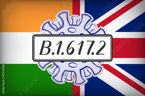 Variant of concern B.1.617.2, one of the three sublineages of the Indian variant B.1.617. Handwritten text on a scratched sign. Half Indian and half British flag in the background. Aka Delta variant.