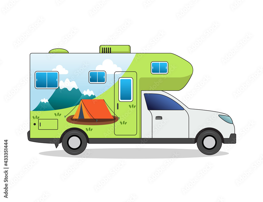 Camping car vector illustration of tent, landscape image. Camping car vector illustration of tent, landscape image.