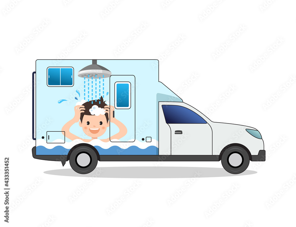 Shower person drawn portable bath car vector illustration Shower person drawn portable bath car vector illustration