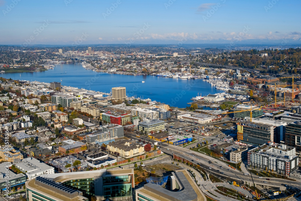 City view of Seattle, top view of downtown Seattle skyline in Seattle Washington, USA