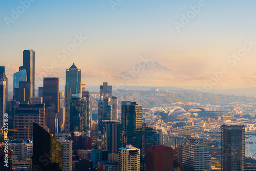 Seattle downtown skyline and Mt. Rainier  Washington  USA