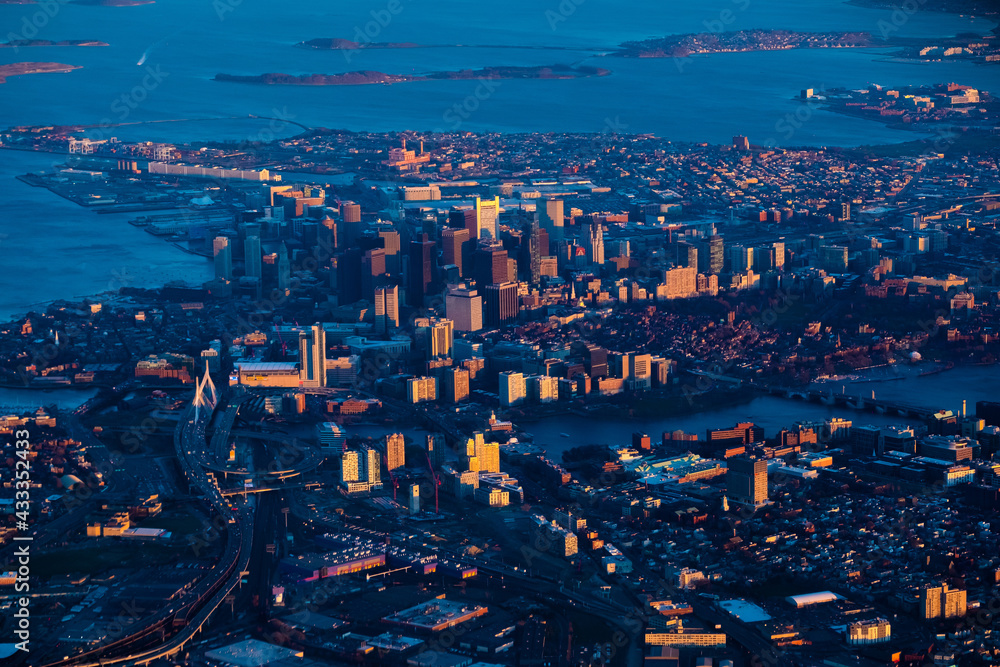 Obraz premium Aerial view from window of airplane at downtown Boston, Boston, Massachusetts, USA 