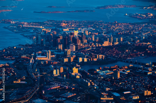 Aerial view from window of airplane at downtown Boston, Boston, Massachusetts, USA 