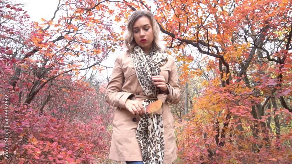 Slow Motion Autumn woman in autumn park. Warm sunny weather. Fall concept Slow Motion Autumn woman in autumn park. Warm sunny weather. Fall concept