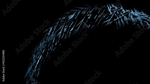 Abstract background..3d rendering animation..Saber blue sharp photorealistic geometric shapes in rotation..Metal or crystal structure on a black background..Futuristic concept..Space for copy text.