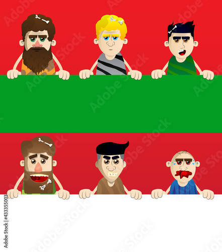 Cartoon prehistoric man holding blank sign. Vector illustration of a man from the stone age with a big banner, paper, poster.