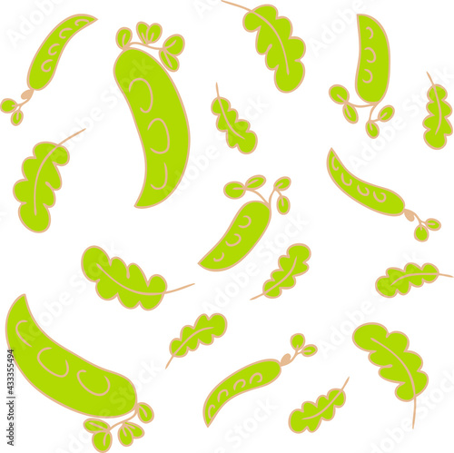 Vector pattern of delicate green pea pods and leaves 
