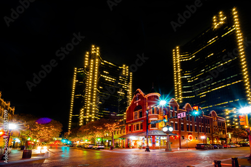Print op canvas Texas Street at Night Downtown Fort Worth, Texas, USA,