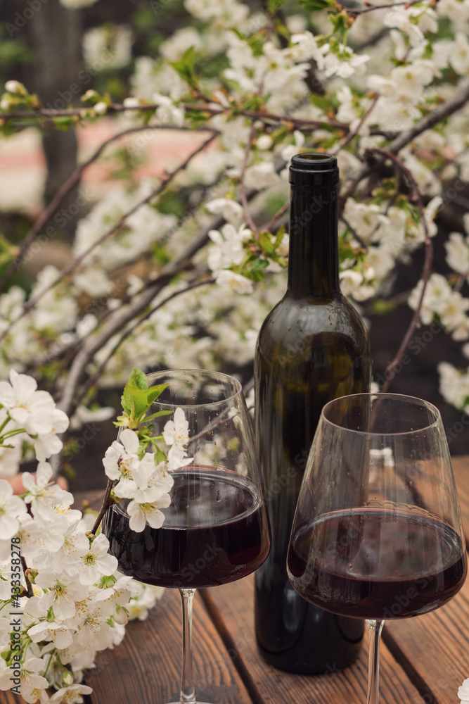 A bottle and two glasses of red wine in cherry blossoms.