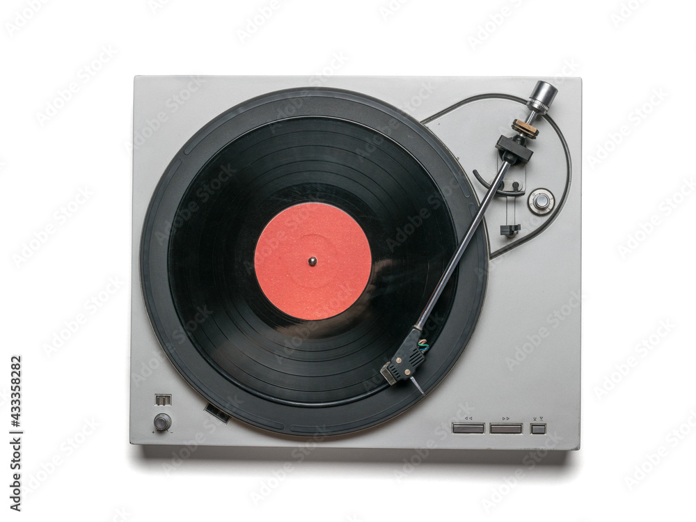 Vinyl record player with red disc isolated on white background. Vinyl record player with red disc isolated on white background.