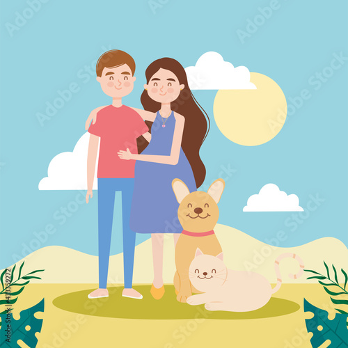 woman and man with cat and dog