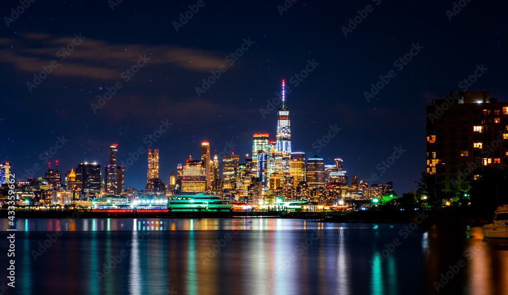 Manhattan Skyline ,waterfront and skyline viewed from the Hudson River Hoboken NJ, New York,USA