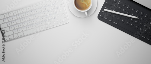 3D rendering, computer devices on white table with coffee cup and copy space