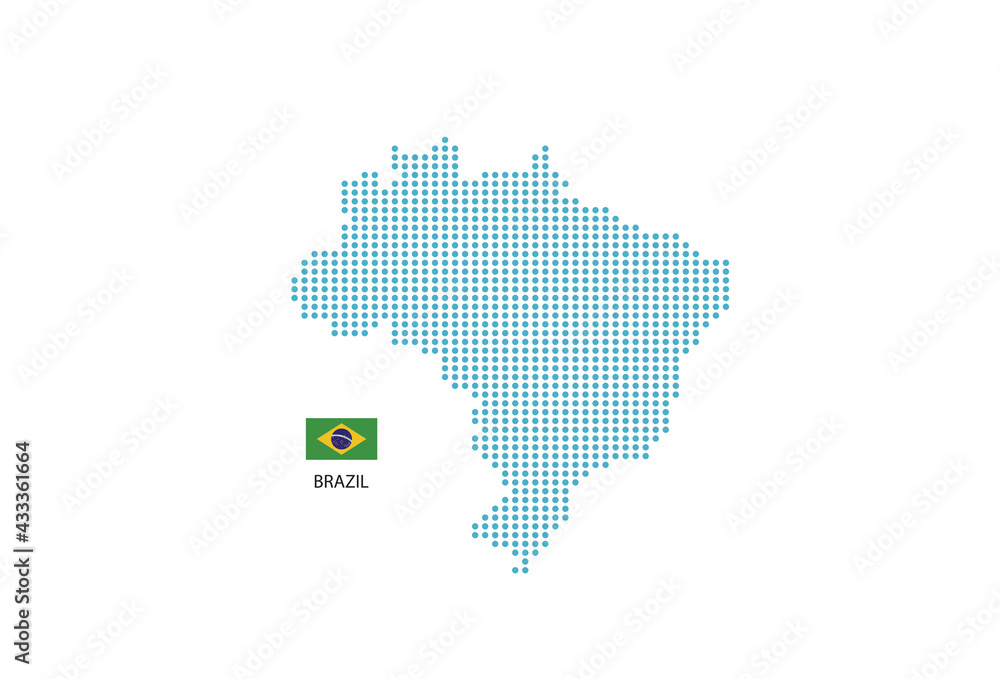 Brazil map design blue circle, white background with Brazil flag.