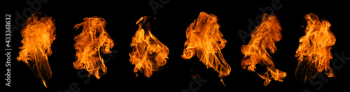 Fire collection set of flame burning isolated on dark background for graphic design