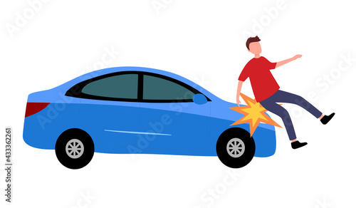 Unlucky man get accident by car crash in flat design on white background.