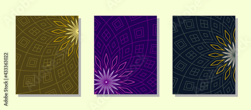 Abstract cover design set. Patterns of overlapping spirals on deep color of gold, purple and blue background. Vector layout for business background, cover, brochure template