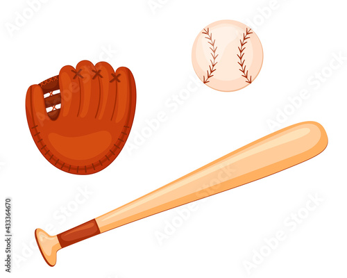 A set of sports items for the game of baseball. Inventory in cartoon style. Isolated on white background. Baseball ball, bat, glove

