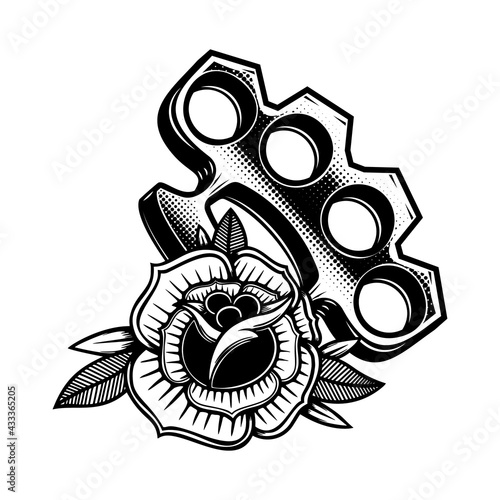 Illustration of brass knuckle with roses. Design element for logo, label, sign, emblem. Vector illustration