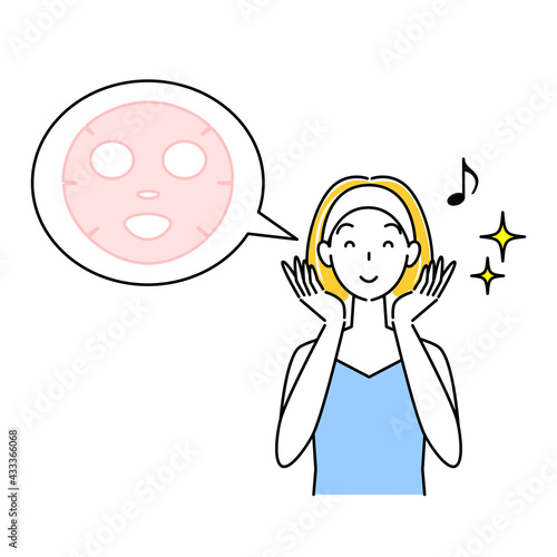 スキンケア パックをして美肌になり喜んでいる女性 イラスト シンプル ベクター