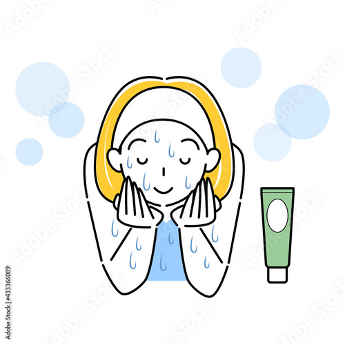 スキンケア 洗顔をしている女性 泥パックを洗い流している イラスト シンプル ベクター