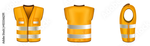 Orange safety vest with reflective stripes, uniform for construction works, drivers and road workers. Vector realistic 3d waistcoat with reflectors and pockets in front, back and side view