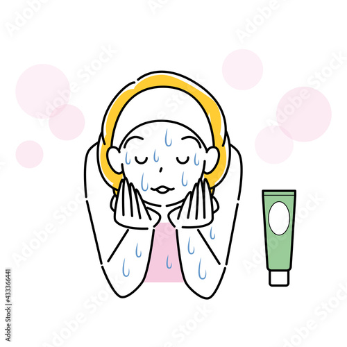 スキンケア 洗顔をしている女性 泥パックを洗い流している イラスト シンプル ベクター