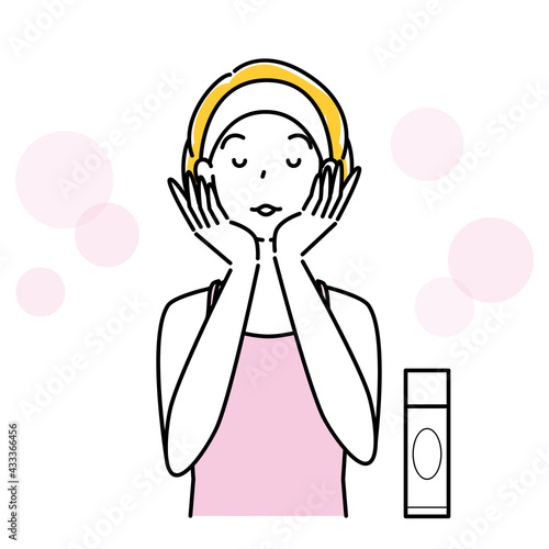 スキンケア 両手で顔を包み込み美容液を肌になじませている女性 イラスト シンプル ベクター