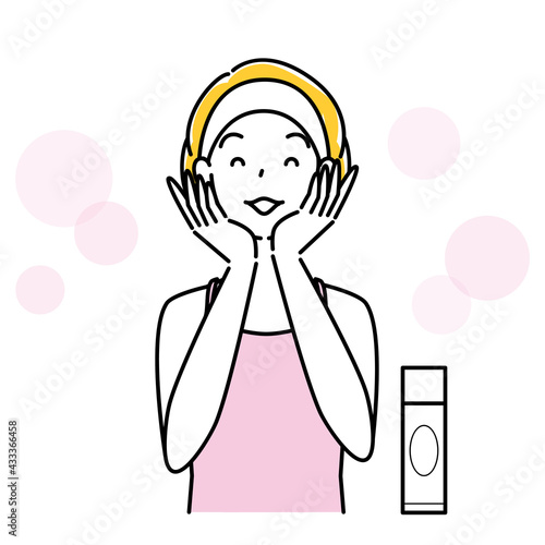 スキンケア 両手で顔を包み込み美容液を肌になじませている女性 イラスト シンプル ベクター