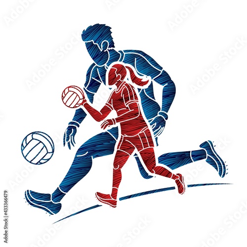Gaelic Football Male and Female Players Sport Mix Action Cartoon Graphic Vector